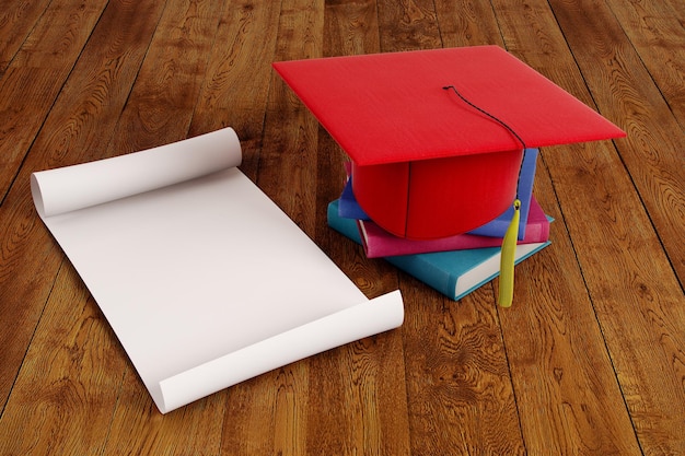 A graduation cap and diploma are placed on top of a stack of textbooks with a calculator and a notebook, symbolizing academic achievement and education expenses.