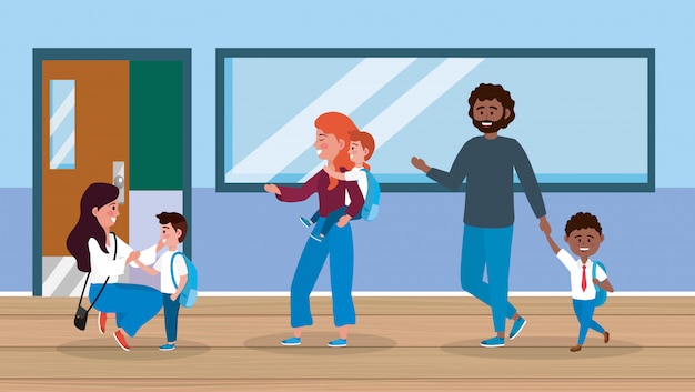 A parent smiling and waving goodbye to their child as they enter a preschool classroom.