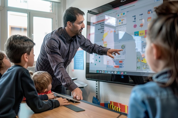 A teacher using a digital whiteboard to deliver a lesson to a classroom of students. The image highlights the integration of technology in modern education.