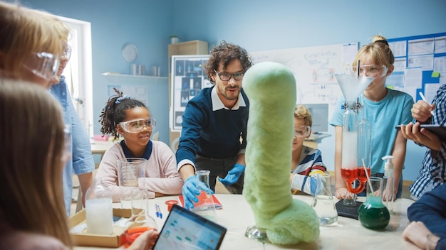 A group of students working on a science project in a traditional classroom, with a teacher supervising and guiding them.