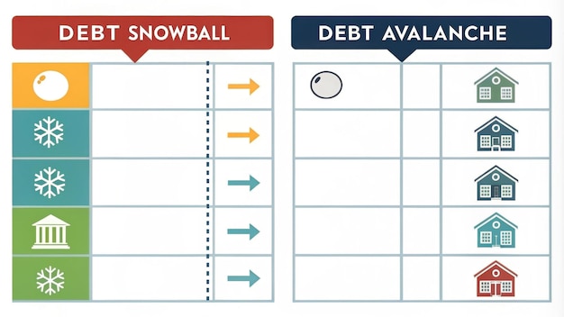 A side-by-side comparison chart illustrating the debt snowball and debt avalanche methods, highlighting the total interest paid and the timeline for debt repayment for each strategy. The visual emphasizes the financial savings of the debt avalanche versus the motivational benefit of the debt snowball.