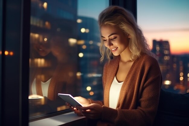 A person smiling while looking at a phone displaying a savings app interface. The app shows automated transfers and growing savings balances. The background is a bright and modern office setting.