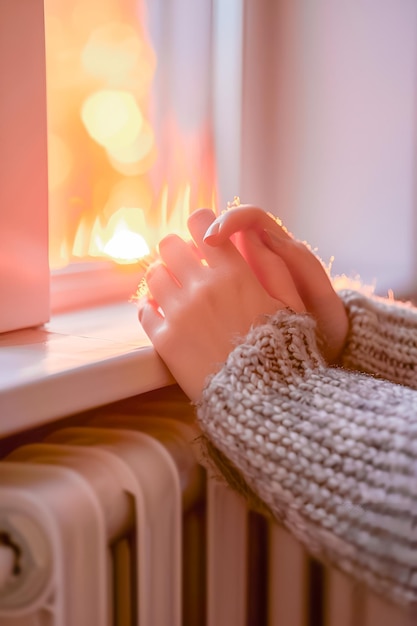 Close-up of hands adjusting a thermostat, with gentle sunlight streaming through a window in the background. The image focuses on energy conservation and comfortable living.