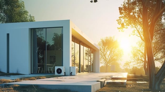 A modern home with solar panels on the roof and a smart thermostat visible inside. The image highlights energy efficiency and sustainable living.