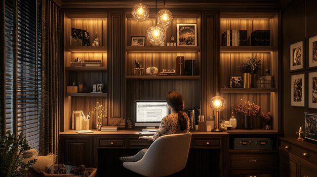 A well-organized and brightly lit home office with a computer, desk lamp, and bookshelves. The setup suggests a productive and professional workspace.