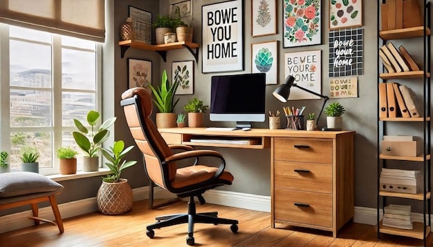 A well-organized and brightly lit home office, featuring a desk with a computer, organized files, and a comfortable chair.