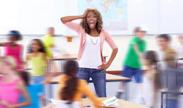 A group of students looking dejected and overwhelmed in a crowded classroom, the teacher looking stressed at the front.