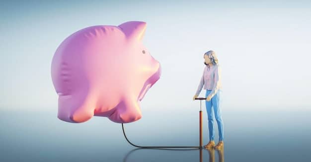 A person putting money into a piggy bank with a chart showing steady growth in the background.
