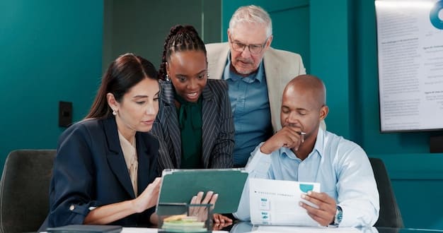 A diverse group of professionals discussing financial planning in a modern office setting.