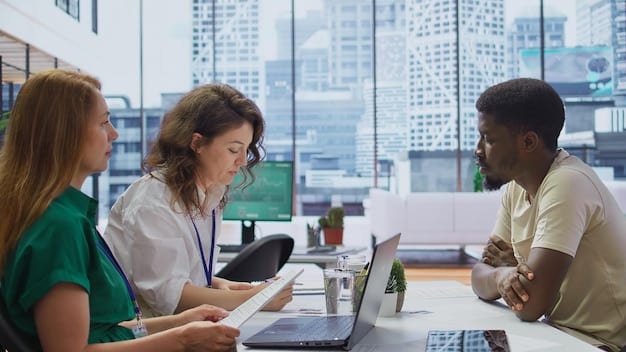 A diverse group of professionals collaborating in a modern office, discussing financial strategies and employee benefits.