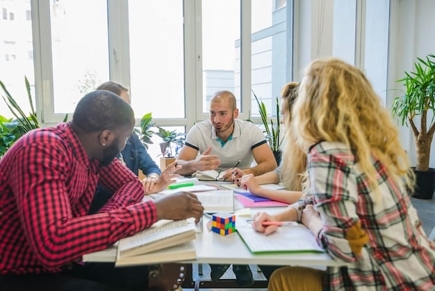 A group of students collaborating on a project in a classroom setting. They are engaged in discussion and problem-solving, showcasing teamwork and critical thinking skills.